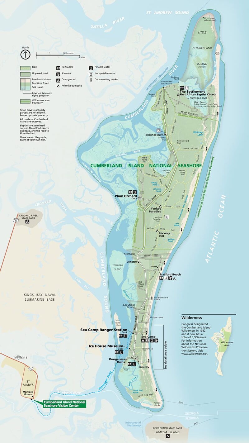 a map of cumberland island and its different areas