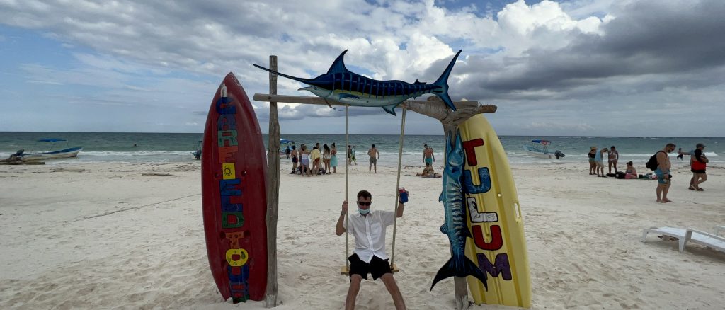 Had to try out the cool swing on the beach at Tulum, Mexico